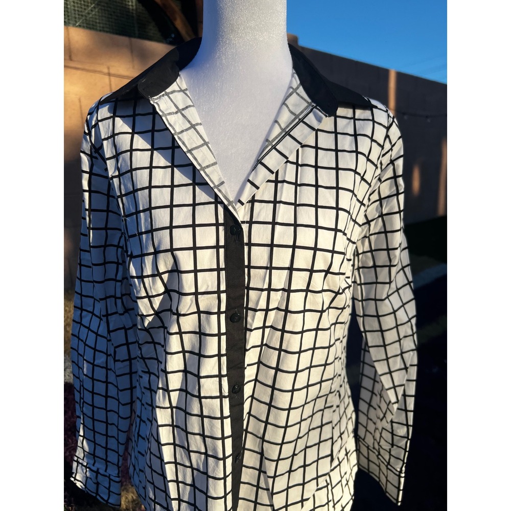 Worthington Womens Black White Grid Print Stretch Button Down Shirt Size 10P NWT